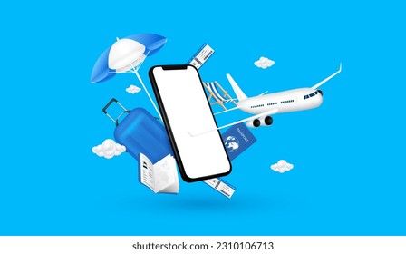 Luggage blue, passports air ticket smartphone and deck chair umbrella floating in the air. Airplane is taking off and cloud. For advertising media about tourism. Travel transport concept. 3D Vector.