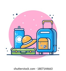 Luggage With Bottle, Hat, Suitcase And Bag Vector Illustration. Bag And Luggage Traveling Concept. Flat Cartoon Style Suitable for Sticker, Wallpaper, Icon, Landing Page, Web.