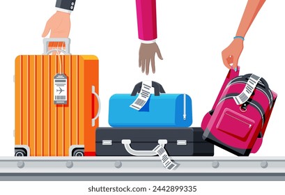 Luggage Carousel Against in Airport. Conveyor Belt With Passenger Luggage. Baggage Claim In Airport Isolated. Passengers Take Their Luggage from Train or Airport Terminal. Flat Vector Illustration