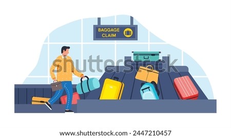 Luggage Carousel Against in Airport. Conveyor Belt With Passenger Luggage. Baggage Claim In Airport Isolated. Passengers Take Their Luggage from Train or Airport Terminal. Flat Vector Illustration