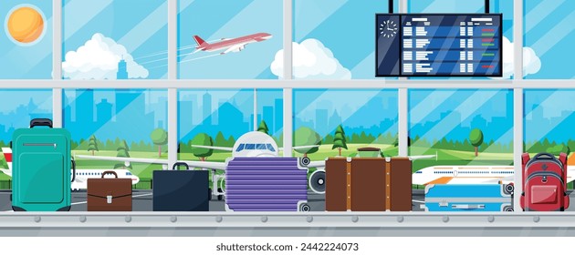 Carrusel De Equipaje Contra La Ventana Del Aeropuerto Con El Despegue Del Avión. Cinta Transportadora Con Equipaje De Pasajero. Reclamo De Equipaje En El Interior Del Aeropuerto. Logística Y Entrega. Ilustración vectorial plana de dibujos animados