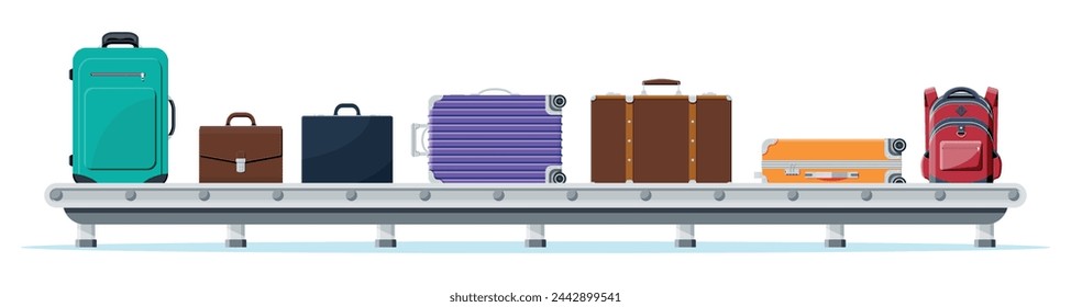 Luggage Carousel Against Airport Window With Taking Off Plane. Conveyor Belt With Passenger Luggage. Baggage Claim In Airport Isolated. Logistic And Delivery. Cartoon Flat Vector Illustration