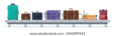 Luggage Carousel Against Airport Window With Taking Off Plane. Conveyor Belt With Passenger Luggage. Baggage Claim In Airport Isolated. Logistic And Delivery. Cartoon Flat Vector Illustration