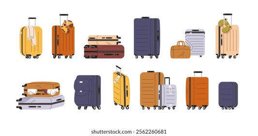 Luggage, carry-on and hand baggage set. Trolley suitcases, travel bags, spinner wheeled rolling cases with handles and locks, packed for trip. Flat vector illustration isolated on white background