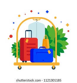 Luggage cart or hotel trolley with colored suitcases. Flat icon illustration. Separate objects. Isolate.