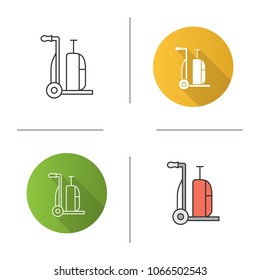 Luggage cart icon. Hand truck with baggage. Dolly cart. Flat design, linear and color styles. Isolated vector illustrations