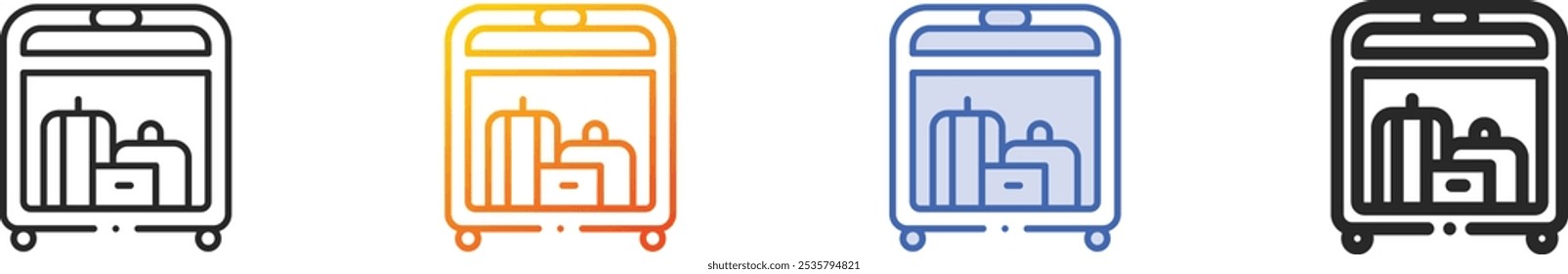 icono de Carrito de equipaje. Diseño lineal delgado, degradado, trazo azul y estilo atrevido aislado sobre fondo blanco