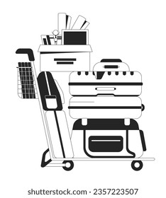 Luggage cart with stack of belongings flat monochrome isolated vector object. Moving, relocation. Editable black and white line art drawing. Simple outline spot illustration for web graphic design