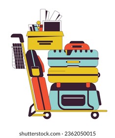 Luggage cart with stack of belongings flat line color isolated vector object. Moving, relocation. Editable clip art image on white background. Simple outline cartoon spot illustration for web design