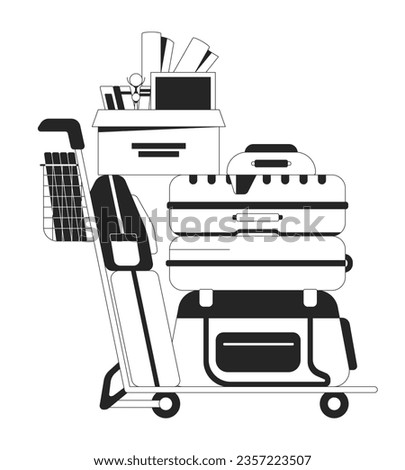 Luggage cart with stack of belongings flat monochrome isolated vector object. Moving, relocation. Editable black and white line art drawing. Simple outline spot illustration for web graphic design