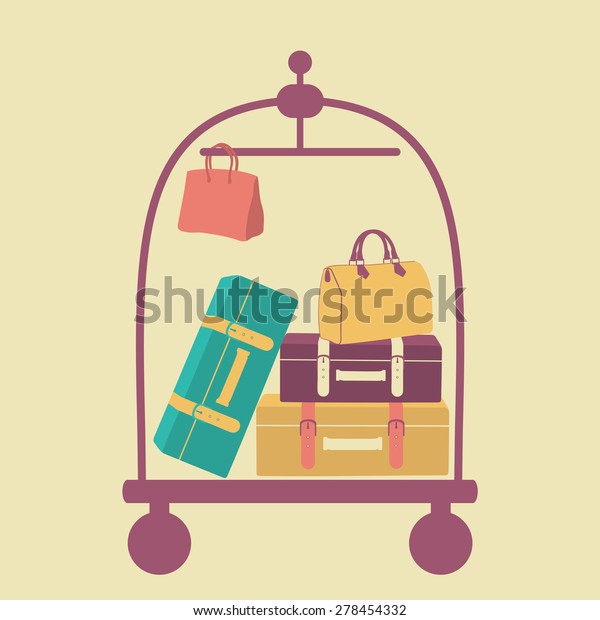 luggage cart with suitcases\
and bags