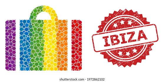 Luggage collage icon of round blots in various sizes and spectrum colored color tinges, and Ibiza dirty rosette stamp seal. A dotted LGBT-colored Luggage for lesbians, gays, transgenders,