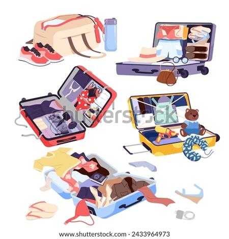 Luggage collection with folded clothes and equipment in neat order and scattered in messy pile, family and childish vacation bags cartoon vector illustration. Open travel suitcases and sport bag