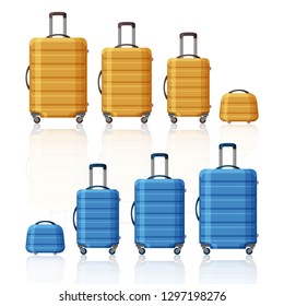 Luggage collection. Three sizes of suitcases and beauty case. Yellow and blue striped plastic baggage. 