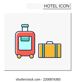 Luggage color icon. Bags and suitcases available for better travelling. Baggage with clothes, shoes, cosmetics. Hotel concept. Isolated vector illustration