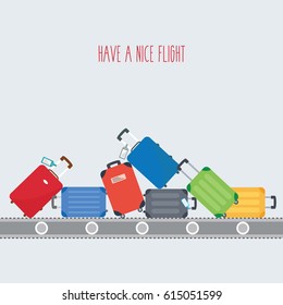 luggage colorful background flat design with space & text - have a nice flight.suitcase on conveyor belt. Baggage claim of passengers at airport vector flat design illustration. modern travel bags 