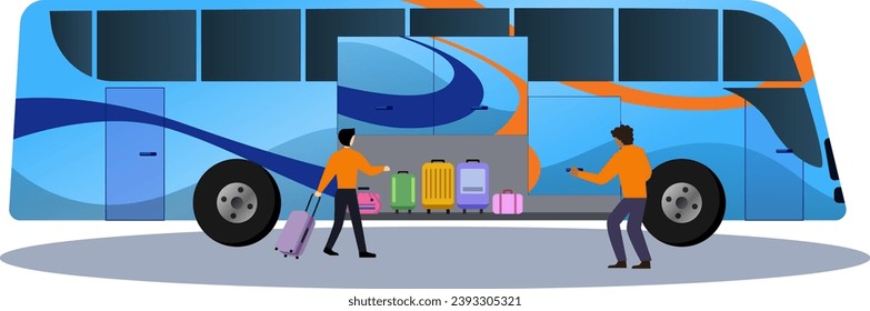 luggage compartment bus vector illustration, baggage cargo compartment of the intercity bus, bus driver and staff loading luggage into the bus trunk