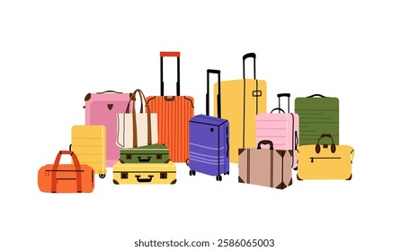 Luggage composition. Travel suitcase, journey baggage, handbag of passenger, bags and case, bright colorful traveling accessory. Doodle minimal trendy vector cartoon flat style isolated illustration