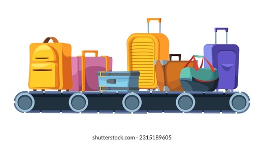 Luggage conveyor. Cartoon belt with suitcases, horizontal airport baggage inspection, luggage transportation concept. Vector illustration. Airport terminal, bags and suitcases control or check