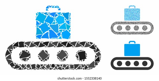 Luggage conveyor mosaic of tuberous elements in different sizes and color tones, based on luggage conveyor icon. Vector ragged elements are united into composition.