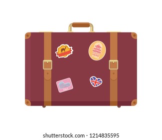 Luggage decorated with stickers of landmarks and famous sights set vector. Vacation bag for things of travelers. Baggage with United Kingdom flag