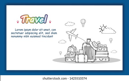 luggage and doodle Hand Draw travel around the world concept summer banner. plane check in on Background Design, concept blank space for text and content paper art, vector, Card, Poster,