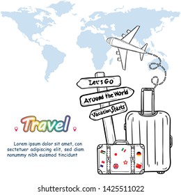 luggage and doodle Hand Draw travel around the world concept summer banner. plane check in on Background Design, concept blank space for text and content paper art, vector, Card, Poster,