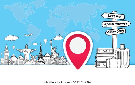 luggage and doodle Hand Draw travel around the world concept summer banner. plane check in on Background Design, Top world famous landmark. concept blank space for text and content vector, Card, 
