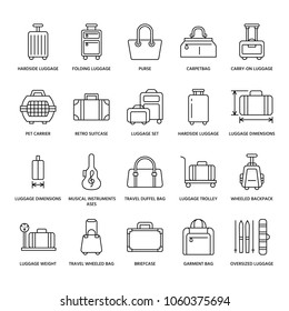 Luggage flat line icons. Carry-on, hardside suitcases, wheeled bags, pet carrier, travel backpack. Baggage dimensions and weight thin linear signs.