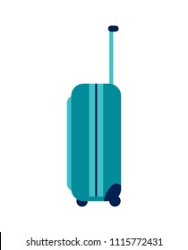 Luggage with handle and wheel, dimensions suiting airplane shelf, blue baggage for clothes, stuff transportation, isolated on vector illustration