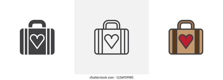 Luggage with heart icon. Line, solid and filled outline colorful version, outline and filled vector sign. Symbol, logo illustration. Different style icons set. Pixel perfect vector graphics