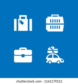 luggage icon. 4 luggage set with briefcase, holiday suitcase, carrier and car with luggage on the roof rack vector icons for web and mobile app