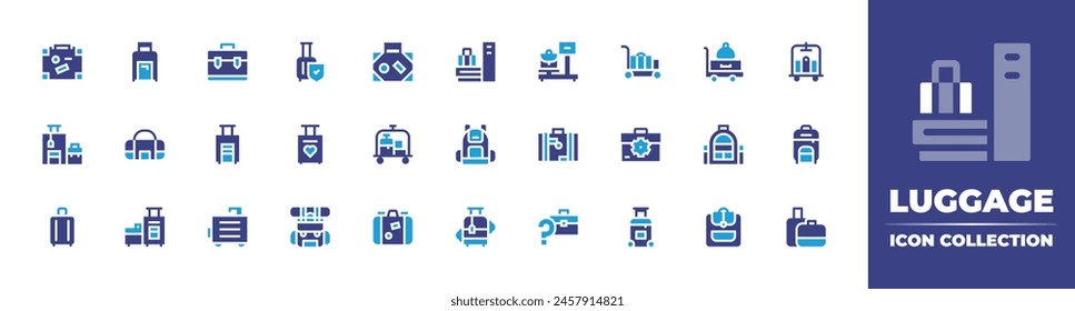 Luggage icon collection. Duotone color. Vector illustration. Containing luggage, suitcase, luggagecart, luggagescan, lostluggage, baggage, scale, briefcase, backpack, sportbag.