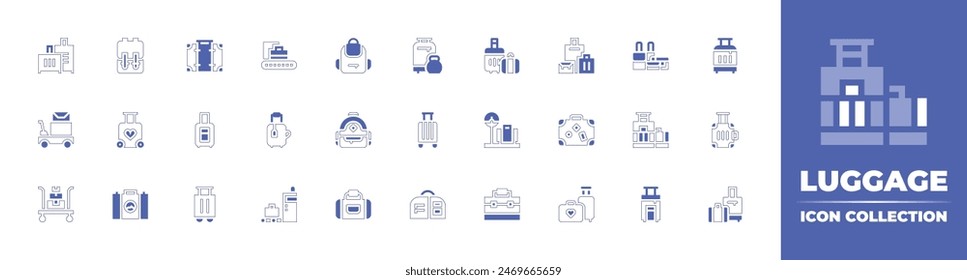 Luggage icon collection. Duotone style line stroke and bold. Vector illustration. Containing schoolbag, travelbag, luggage, luggagescale, handluggage, luggagecart, suitcase, weight, baggage, travel.