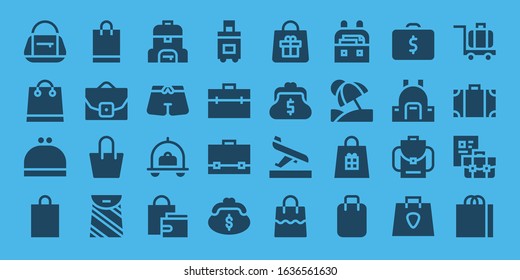 luggage icon set. 32 filled luggage icons. Included Bag, Shopping bag, Purse, Case, Trunk, Luggage, Suitcase, Briefcase, Arrival, Vacation, Backpack, Travel bag icons