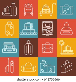 Luggage icon set. Backpack, handbag, suitcase, briefcase, messenger bag, trolley, travel bag. Vector illustration of thin line icons for travel. Abstract isolated illustration.