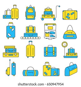 Luggage icon set. Backpack, handbag, suitcase, briefcase, messenger bag, trolley, travel bag. Vector illustration of thin line icons for travel. Abstract isolated illustration.