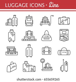 Luggage icon set. Backpack, handbag, suitcase, briefcase, messenger bag, trolley, travel bag. Vector illustration of thin line icons for travel. Abstract isolated illustration.