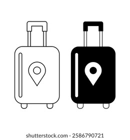 Luggage icon. Set of black and white travel bag badges. Location icon, Travel. Linear suitcase icon.