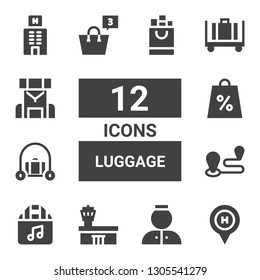 luggage icon set. Collection of 12 filled luggage icons included Hotel, Bellhop, Airport, Shopping bag, Travel, Luggage, Backpack
