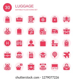 luggage icon set. Collection of 30 filled luggage icons included Paper bag, Gym bag, Hotel, Briefcase, Shopping bag, Backpack, Bag, Bellhop, Airport, Luggage, Aviation, Bus stop