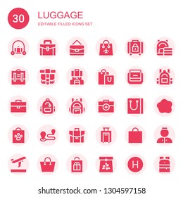 luggage icon set. Collection of 30 filled luggage icons included Luggage, Briefcase, Bag, Baggage, Backpack, Belt pouch, Shopping bag, Travel, Custom, Bellhop, Departures, Paper bag