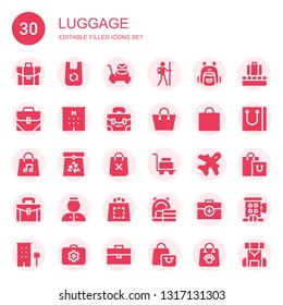 luggage icon set. Collection of 30 filled luggage icons included Briefcase, Bag, Luggage, Hiker, Backpack, Hotel, Shopping bag, Paper bag, Aviation, Bellhop