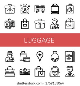 Gepäcksymbol eingestellt. Briefkasten, Gepäck, Beutel, Beutel, Einkaufsbeutel, Tourismus, Papiertasche, Reiseführer, Recycled Bellboy, Handtasche, Hotel de Glace, Flughafen, Gymymicons