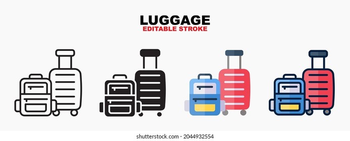 Luggage icon set with different styles. Icons designed in filled, outline, flat, glyph and line colored. Editable stroke and pixel perfect. Can be used for web, mobile, ui and more.