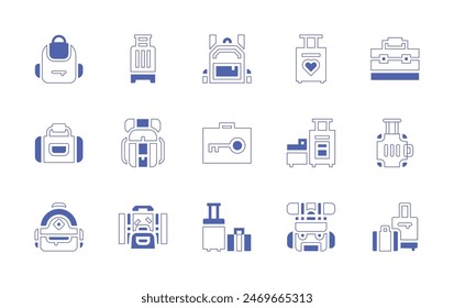 Luggage icon set. Duotone style line stroke and bold. Vector illustration. Containing schoolbag, lockers, luggage, travel, sportbag, backpack, briefcase, bag.