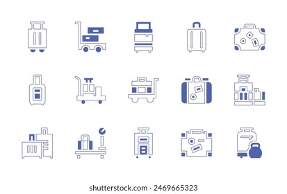 Luggage icon set. Duotone style line stroke and bold. Vector illustration. Containing luggage, travelbag, suitcase, luggagecart, luggagescale, weight, baggage.