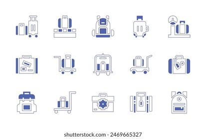 Luggage icon set. Duotone style line stroke and bold. Vector illustration. Containing suitcase, luggage, scale, luggagecart, baggage, backpack.