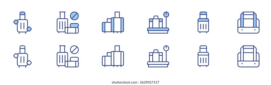 Ícone de bagagem definido em dois estilos, Duotônico e Linha fina. Traço editável. mala, escala, não, viajar, bolsa.