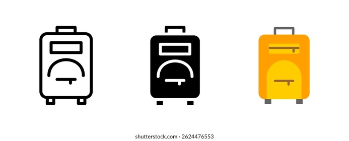 Luggage icon. Travel suitcase with handle and wheels vector illustration. Portable travel bag for vacations and airport journeys symbol. Baggage and trip equipment sign. Tour and transport pictogram.